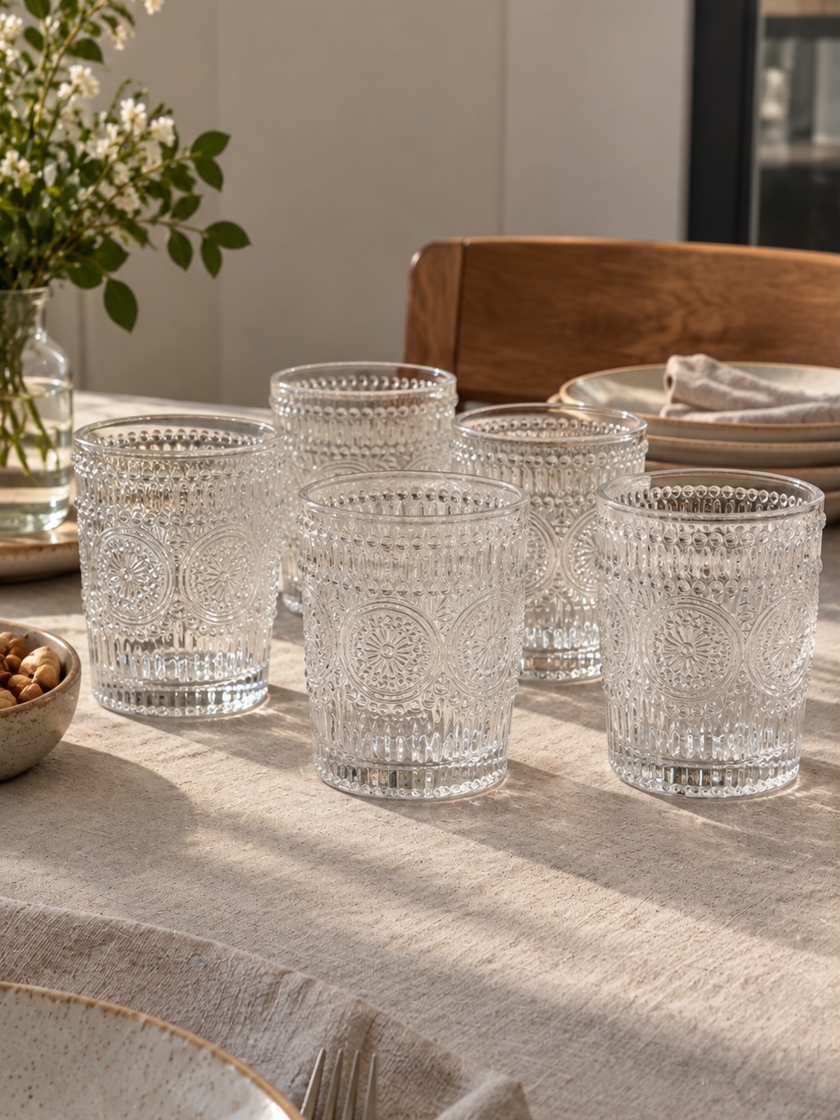 Vasos de vidrio texturado para compartir la mesa